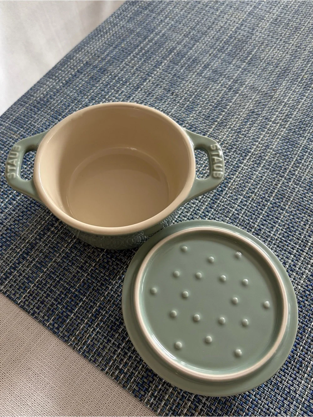Staub Mini Round ceramic Cocotte in Eucalyptus Green 10cm